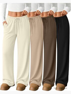 4 Pack Wide Leg Yoga Pants with Pockets, Polyester Cotton Spandex Blend